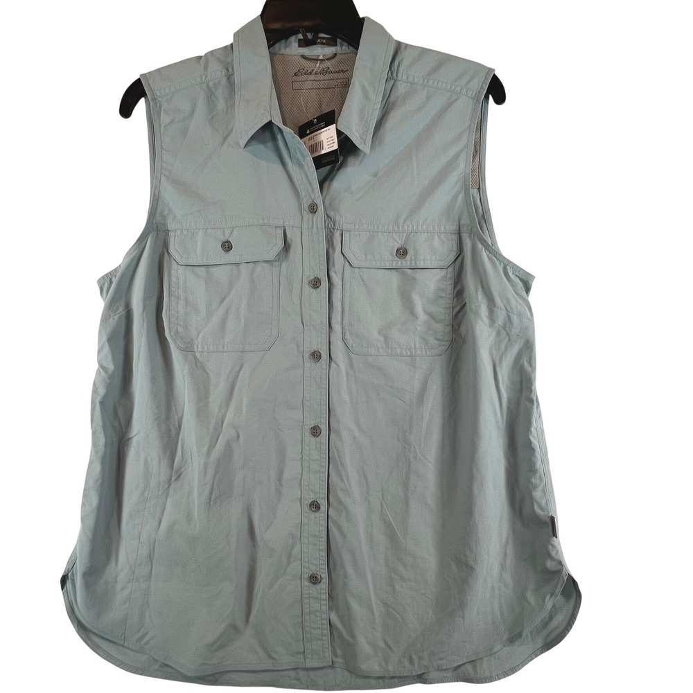 Eddie Bauer Mountain Ripstop Shirt Womens L Sea Blue Sleeveless UPF 50+ Hiking